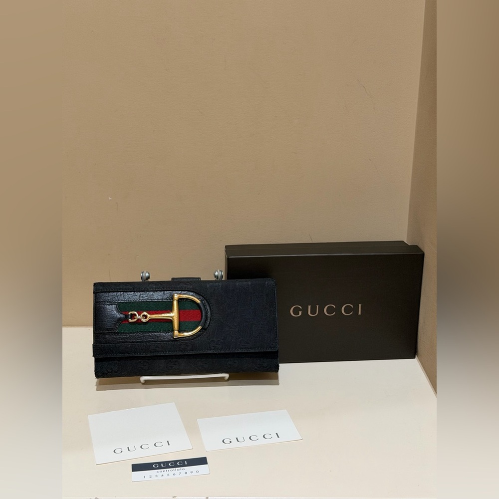 Gucci Black Leather Hasler Horsebit Continental Wallet